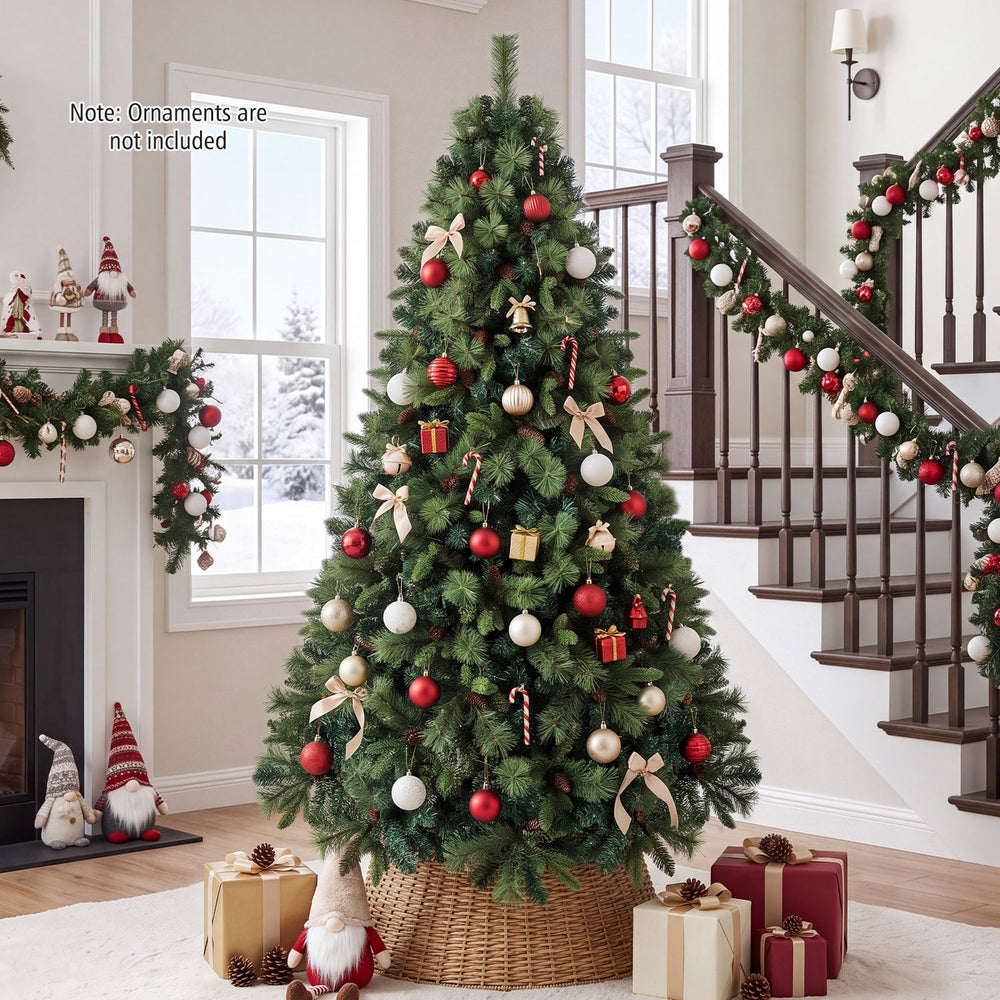 Realistic 7 FT pre-lit artificial Christmas tree with warm white LED lights and lush balsam fir foliage for festive decor.