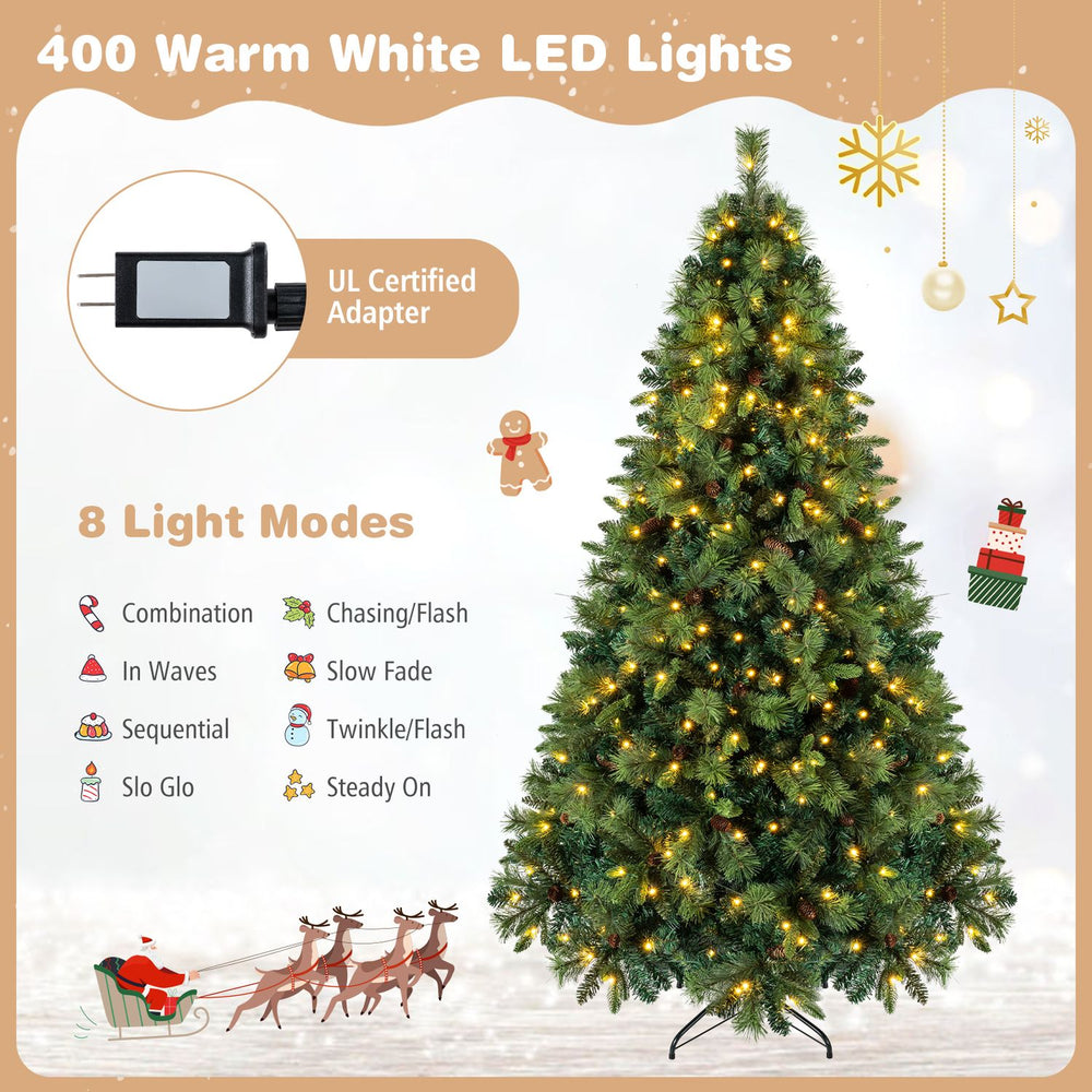 7 FT pre-lit artificial Christmas tree featuring 400 warm white LED lights and 8 light modes for festive decoration.