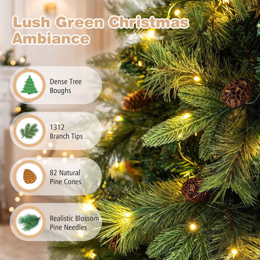 Lush 7 FT pre-lit artificial Christmas tree featuring 1312 branch tips, 82 natural pine cones, and warm white LED lights.