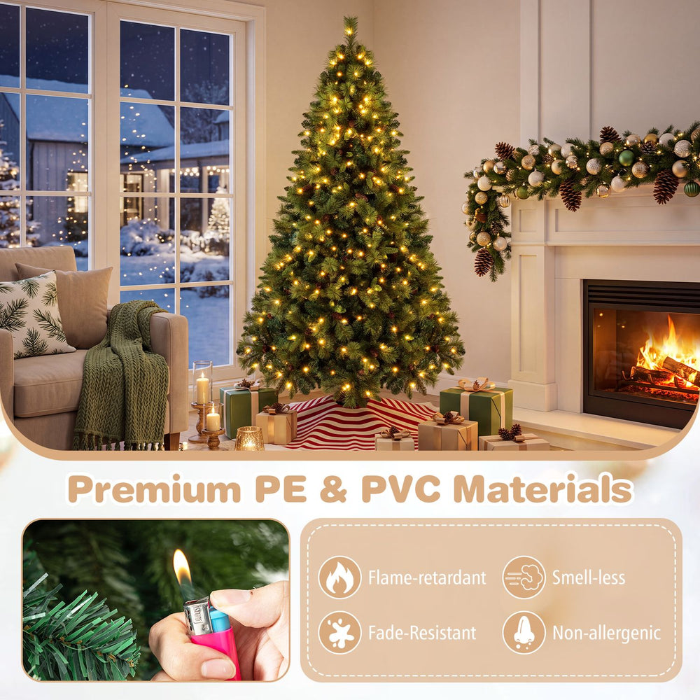 7 FT pre-lit artificial Christmas tree featuring realistic PE and PVC materials with 310 warm white LED lights for festive charm.