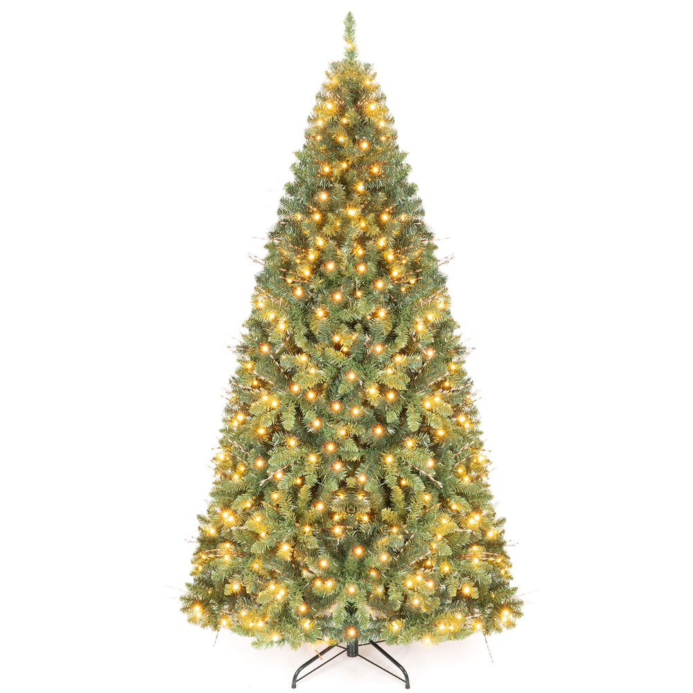 7 FT pre-lit artificial Christmas tree featuring 350 adjustable warm LED lights, perfect for festive holiday displays.