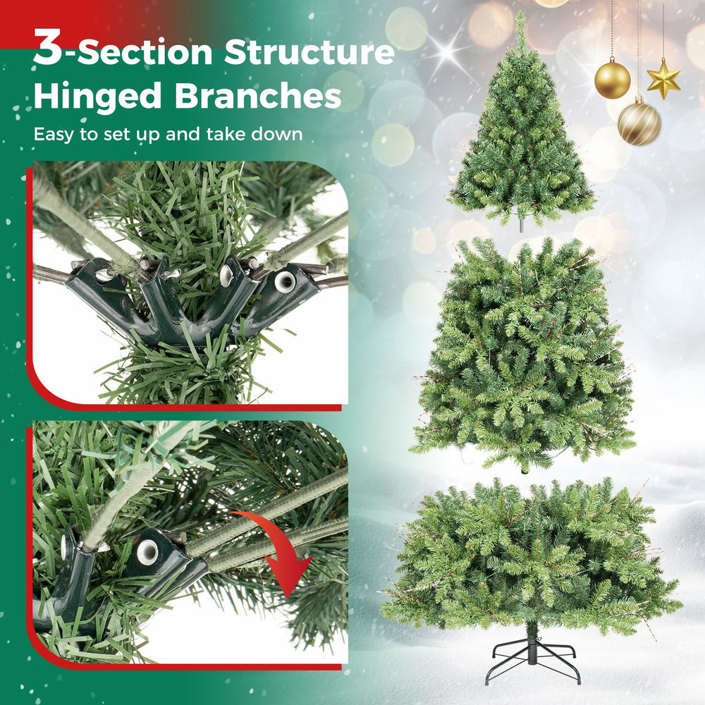 7 FT pre-lit artificial Christmas tree with 350 adjustable warm LED lights and hinged branches for easy setup and storage.