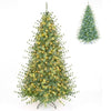 7 FT pre-lit artificial Christmas tree with 400 warm and cool white LED lights, shown illuminated on a metal base.