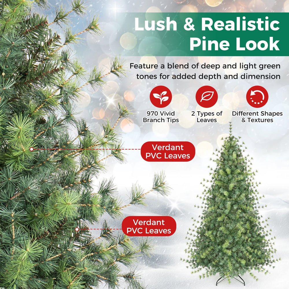 Close-up of the 7 FT Pre-Lit Artificial Christmas Tree’s mixed branch tips, showing two leaf shapes and textures.