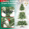 7 FT Pre-Lit Artificial Christmas Tree with 400 warm and cool white LED lights, shown with close-ups of its hinged branches.