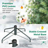 Foldable crossed metal base of the 7 FT pre-lit artificial Christmas tree, shown with a close-up of its pre-assembled screw for easy setup.
