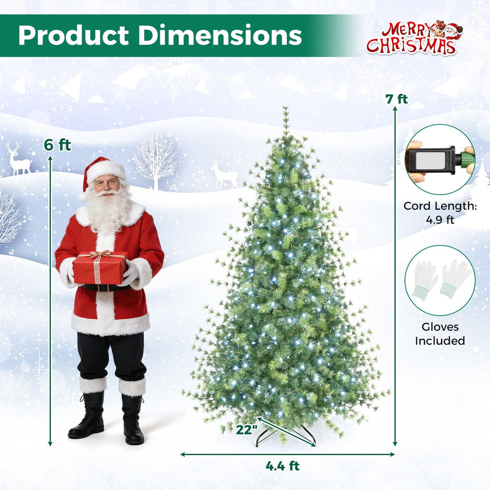 7 FT pre-lit artificial Christmas tree with 400 LED lights, shown with gloves and dimensions for holiday displays.