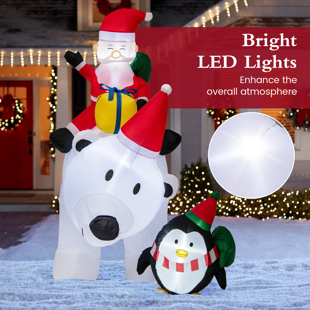 7-foot inflatable Santa Claus riding a polar bear with penguin gift bags, featuring bright LED lights for festive decor.