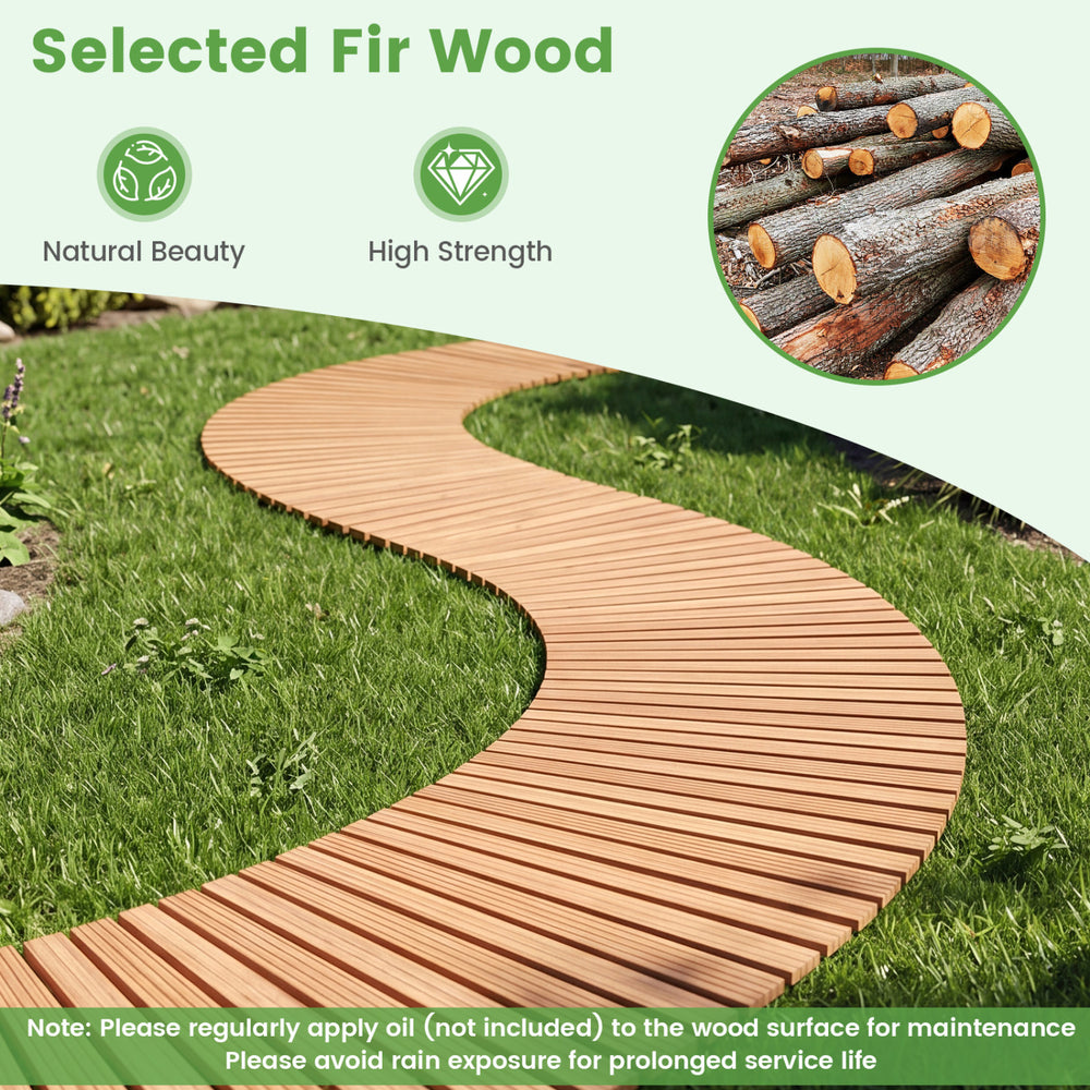 7 FT wooden garden pathway with anti-slip surface, showcasing selected fir wood for natural beauty and strength.