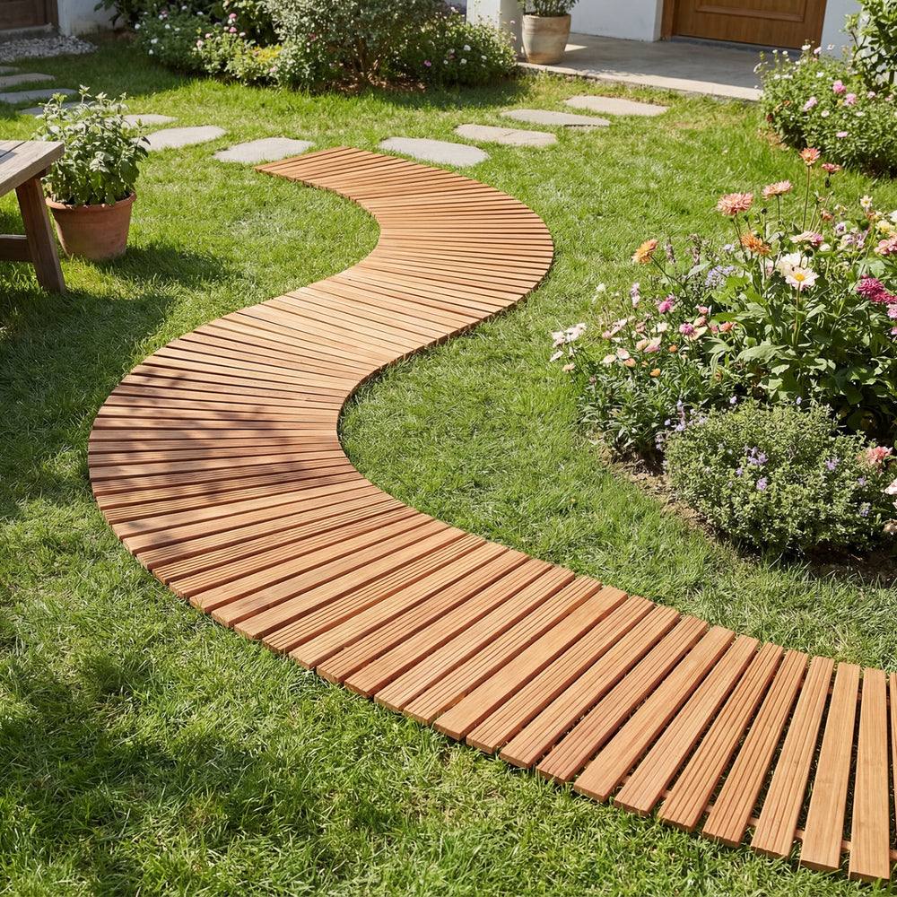 Curved 7 FT wooden garden pathway with anti-slip surface, ideal for enhancing outdoor gardens and patios.