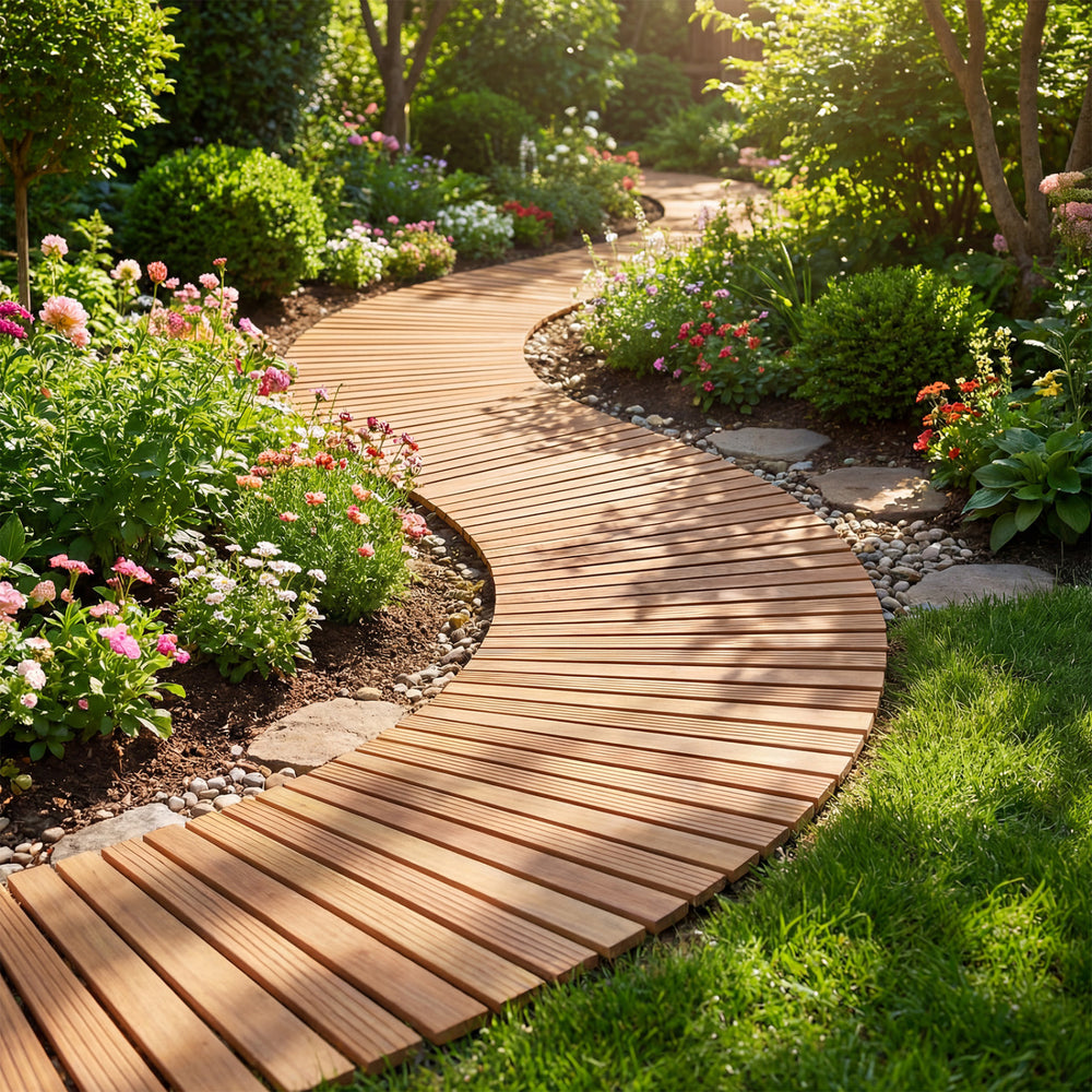 Curved 7 FT wooden garden pathway with anti-slip surface, surrounded by vibrant flowers and greenery for outdoor spaces.