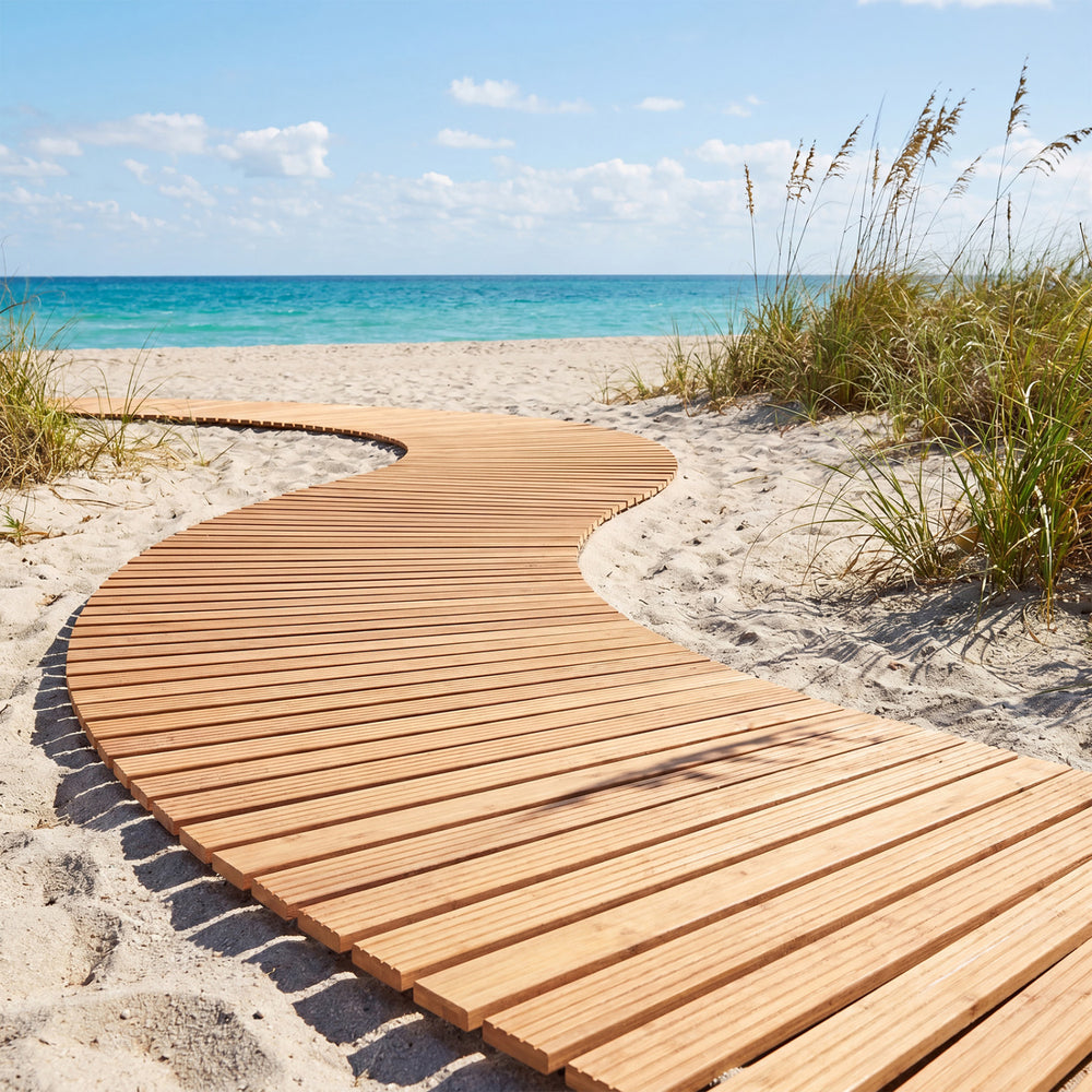 Curved 7 FT wooden garden pathway with anti-slip surface, leading through sandy beach to the ocean.
