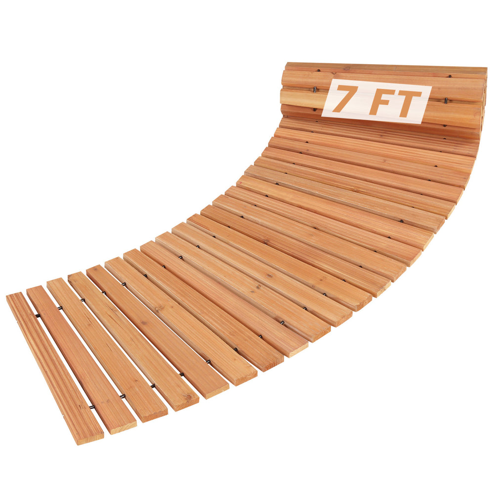 7 FT wooden garden pathway with anti-slip surface, showcasing a natural finish, ideal for patios and garden paths.