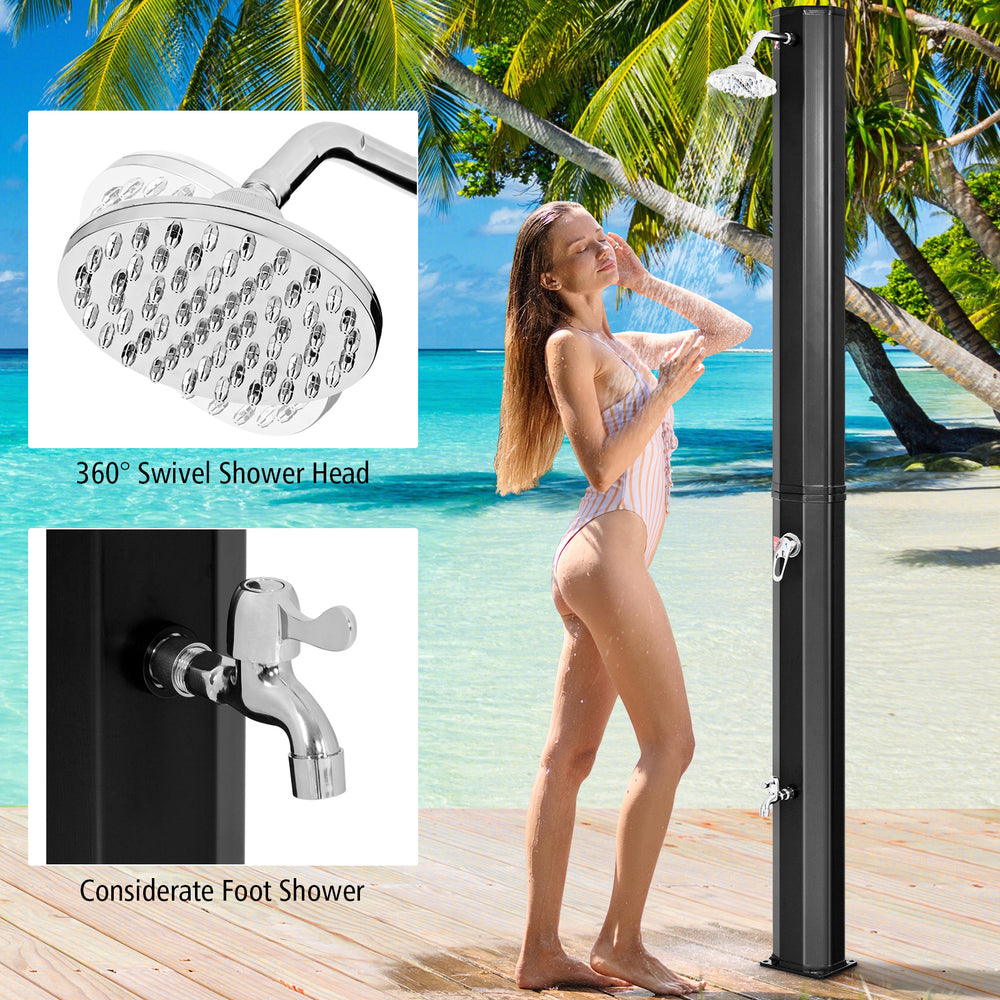 Adjustable outdoor solar shower with 360° swivel head, foot shower, and eco-friendly PVC construction for easy.