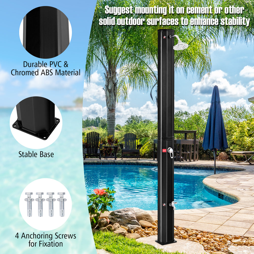 7.2 feet adjustable outdoor solar heating shower with a stable PVC base, ideal for poolside or backyard use.
