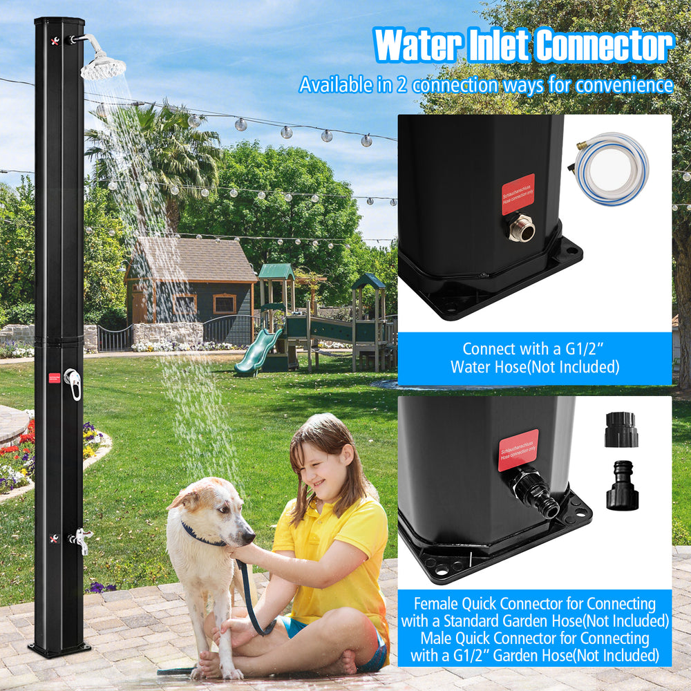 Adjustable outdoor solar heating shower head with a unique rotating shower head and convenient water inlet connector.