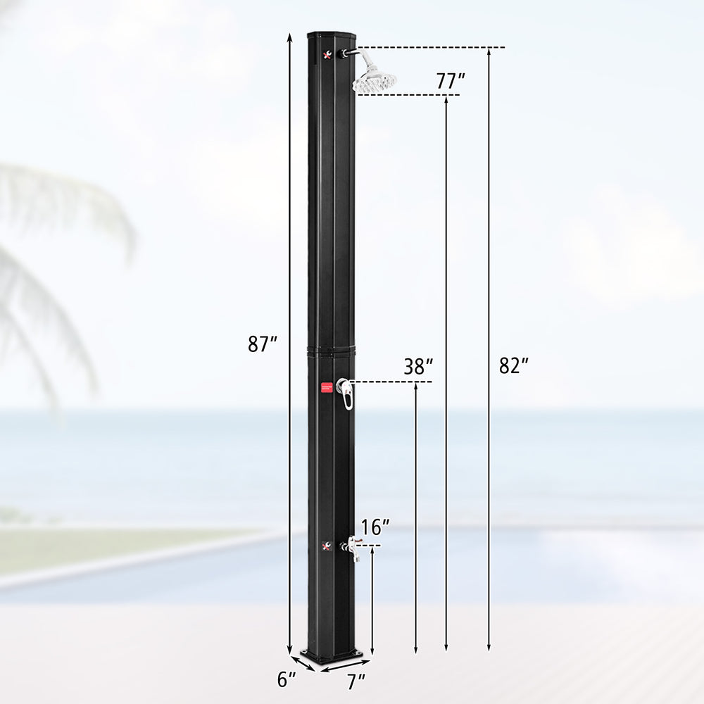 Adjustable outdoor solar heating shower head, 7.2 feet tall, PVC construction, holds 9.3 gallons for eco-friendly use.