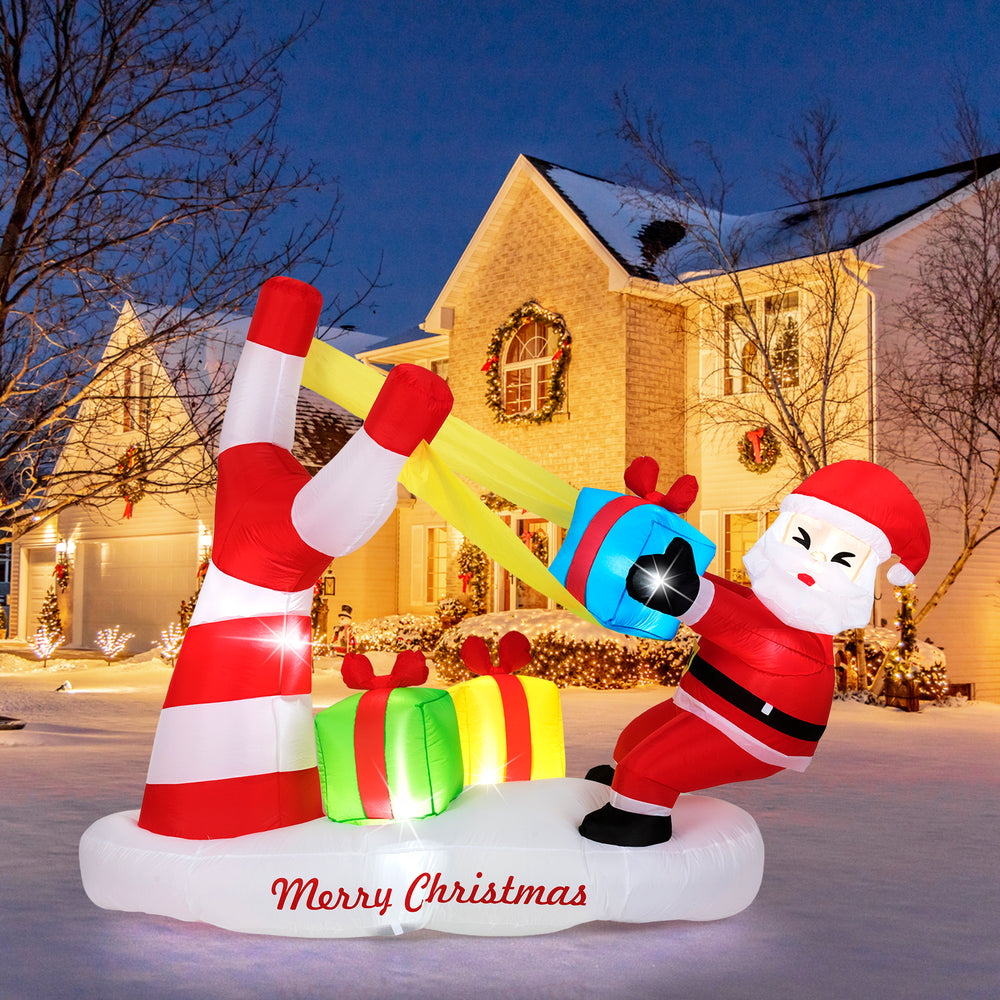 7-foot Christmas inflatable featuring Santa with a slingshot, LED lights, and festive gifts for outdoor holiday.