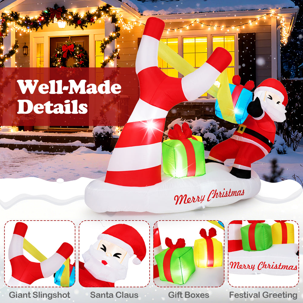 7 feet Christmas inflatable featuring Santa with slingshot and LED lights, perfect for outdoor holiday decoration.