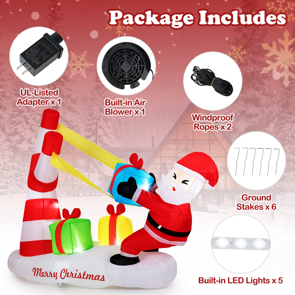 7-foot inflatable Santa with slingshot and LED lights, made of weather-resistant fabric for outdoor holiday decoration.