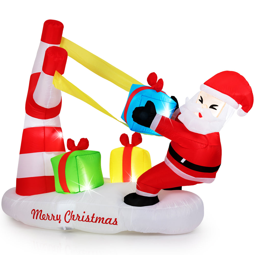 7-foot inflatable Santa with slingshot and LED lights, featuring gift boxes for festive outdoor Christmas decoration.