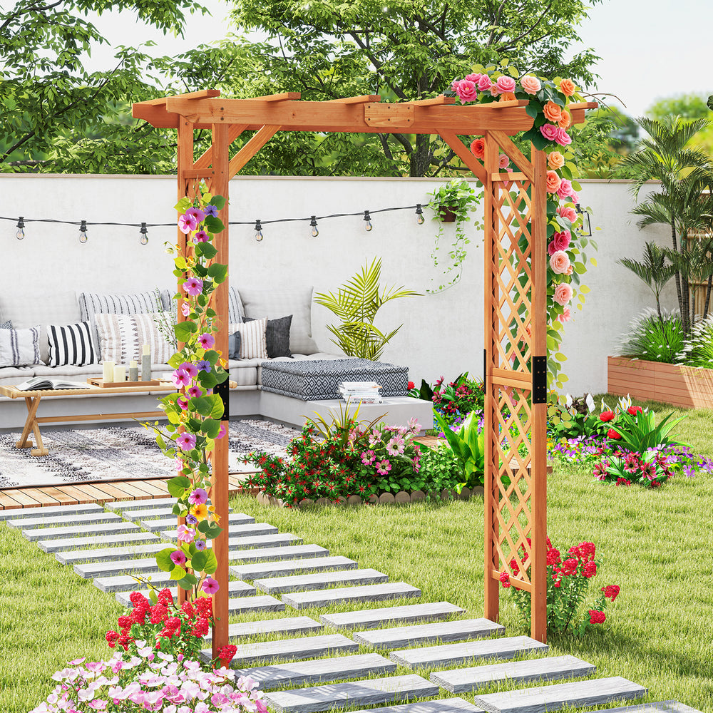 7 feet garden wooden high arbor arch with floral decorations, adding elegance to pathways and outdoor gatherings.