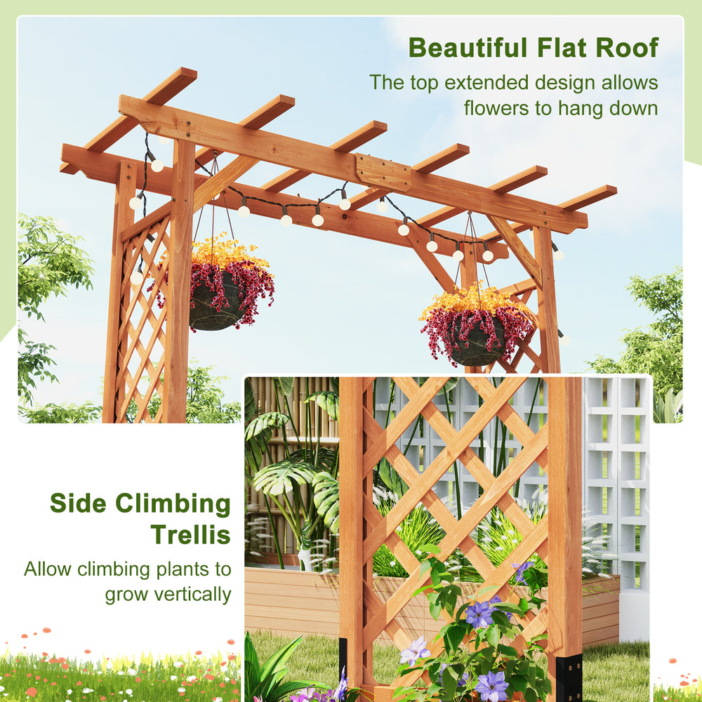 7 feet wooden high arbor arch with lattice side panels, perfect for supporting climbing plants in outdoor spaces.
