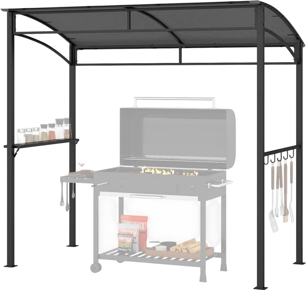 7 feet gray grill gazebo featuring a serving shelf and storage hooks, perfect for outdoor cooking and entertaining.