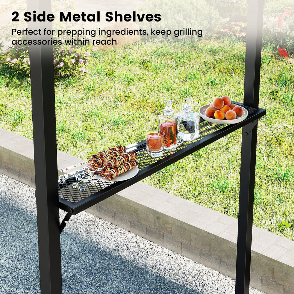 Side view of the 7 feet grill gazebo featuring two metal shelves for prepping ingredients and keeping grilling.