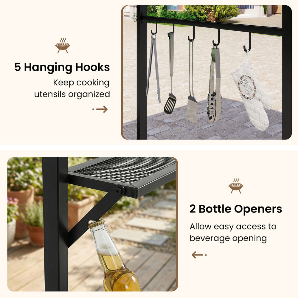 Grill gazebo featuring 5 hanging hooks and 2 bottle openers for convenient cooking and beverage access.