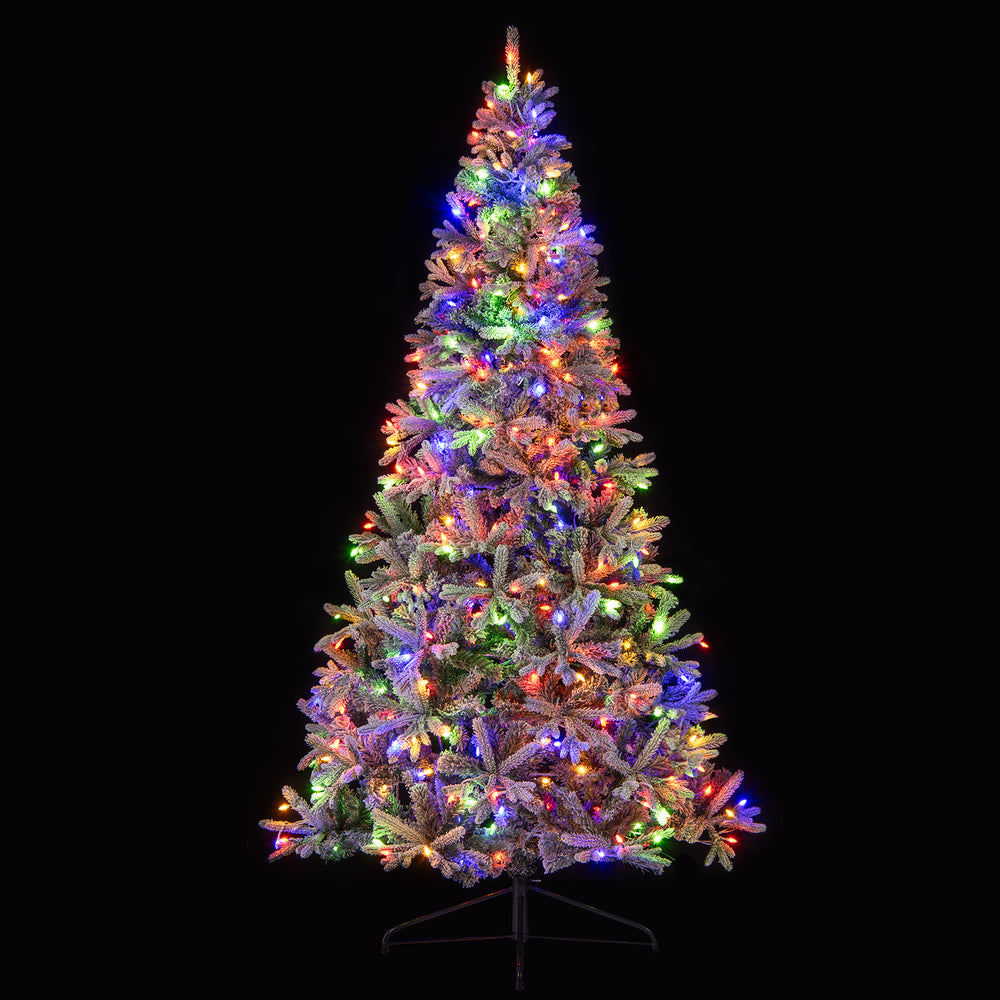 Half 7-foot artificial Christmas tree with 852 flocked branch tips, multicolored LED lights, and 9 lighting modes.