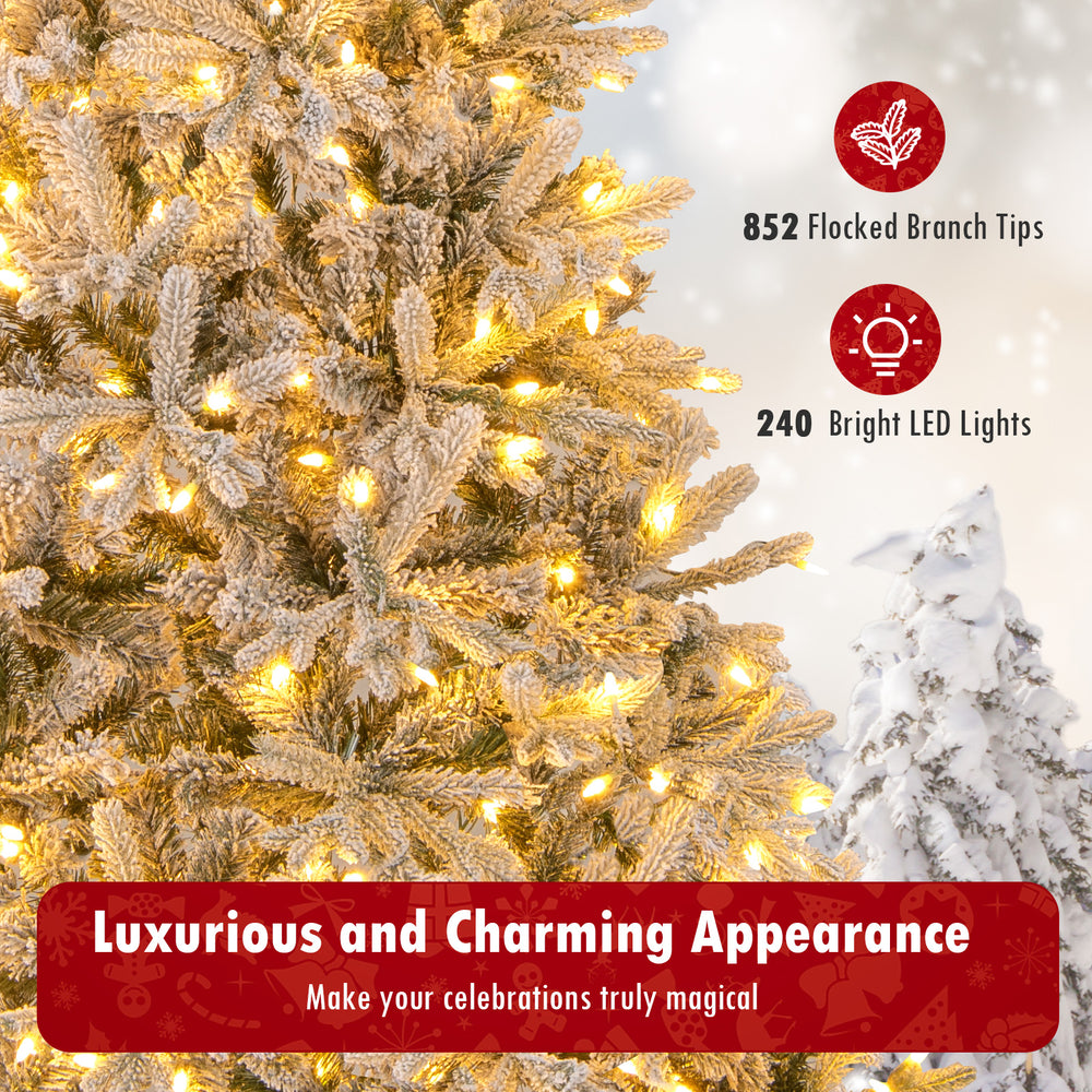 Half artificial Christmas tree with 852 flocked branch tips and 240 LED lights, perfect for space-saving holiday decor.