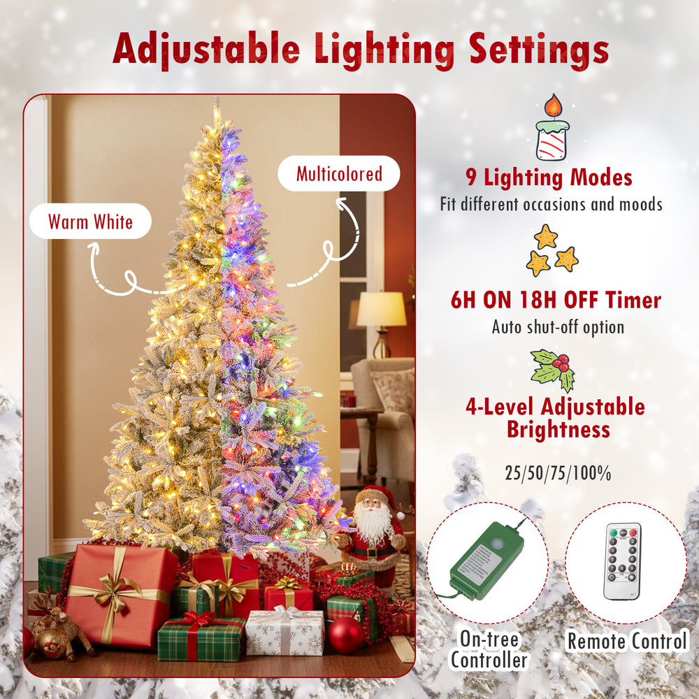 7 feet half artificial Christmas tree with 852 flocked branch tips, multicolored lights, and 9 dynamic lighting modes.