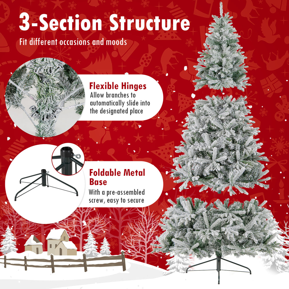 7 feet half artificial Christmas tree with 852 flocked branch tips, featuring flexible hinges and a foldable metal base.