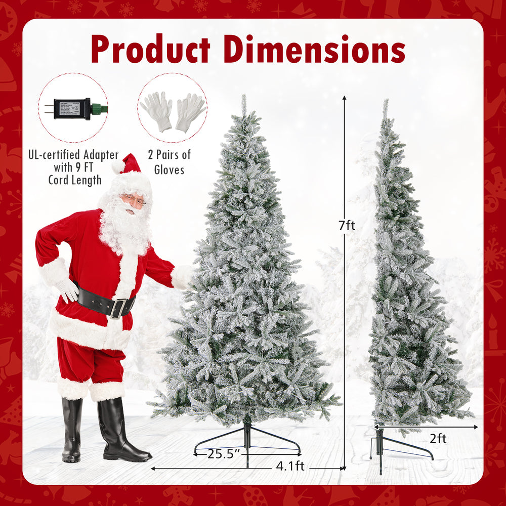 7-foot half artificial Christmas tree with 852 flocked tips, designed for wall placement, includes remote and gloves.