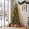 Half-shaped 7FT pre-lit artificial Christmas tree with 150 warm white LED lights brings festive charm to any entryway.