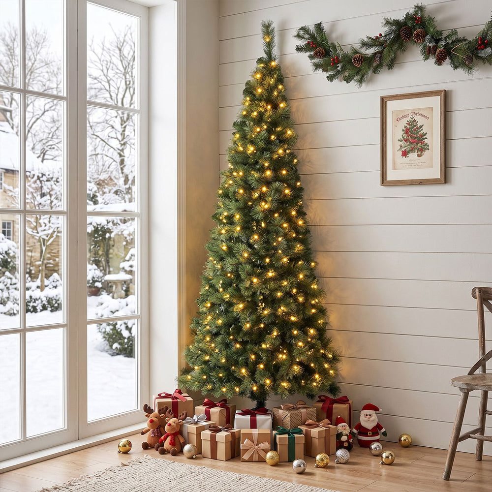 Half-shaped 7FT pre-lit artificial Christmas tree with 150 warm white LED lights brings festive charm to any entryway.