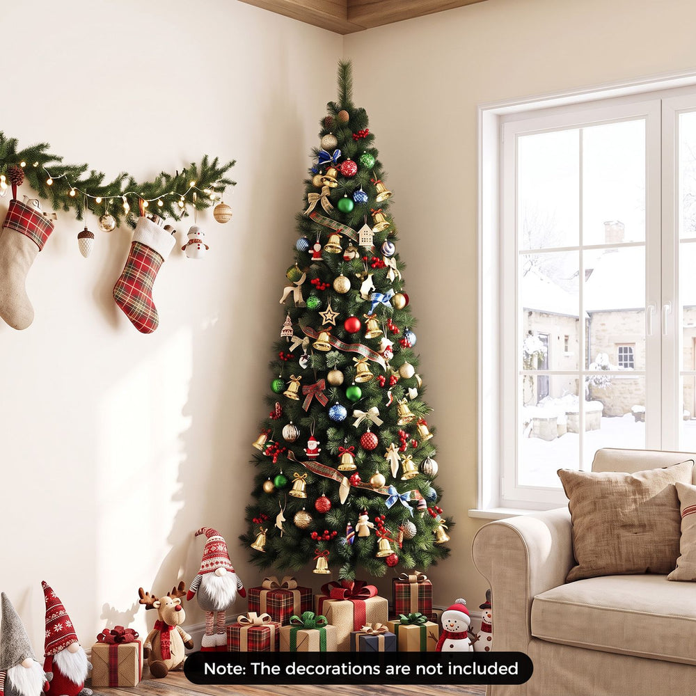 7FT half artificial Christmas tree with 150 warm white LED lights, designed for wall placement and ideal for festive decor.