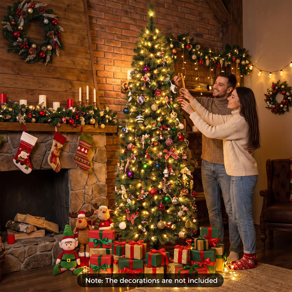 Half-shaped 7FT pre-lit artificial Christmas tree with 150 warm white LED lights, ideal for wall placement in cozy spaces.