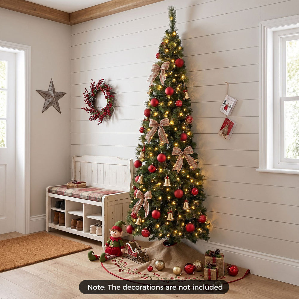 7FT pre-lit half artificial Christmas tree with 150 warm white LED lights, perfect for smaller spaces and festive charm.