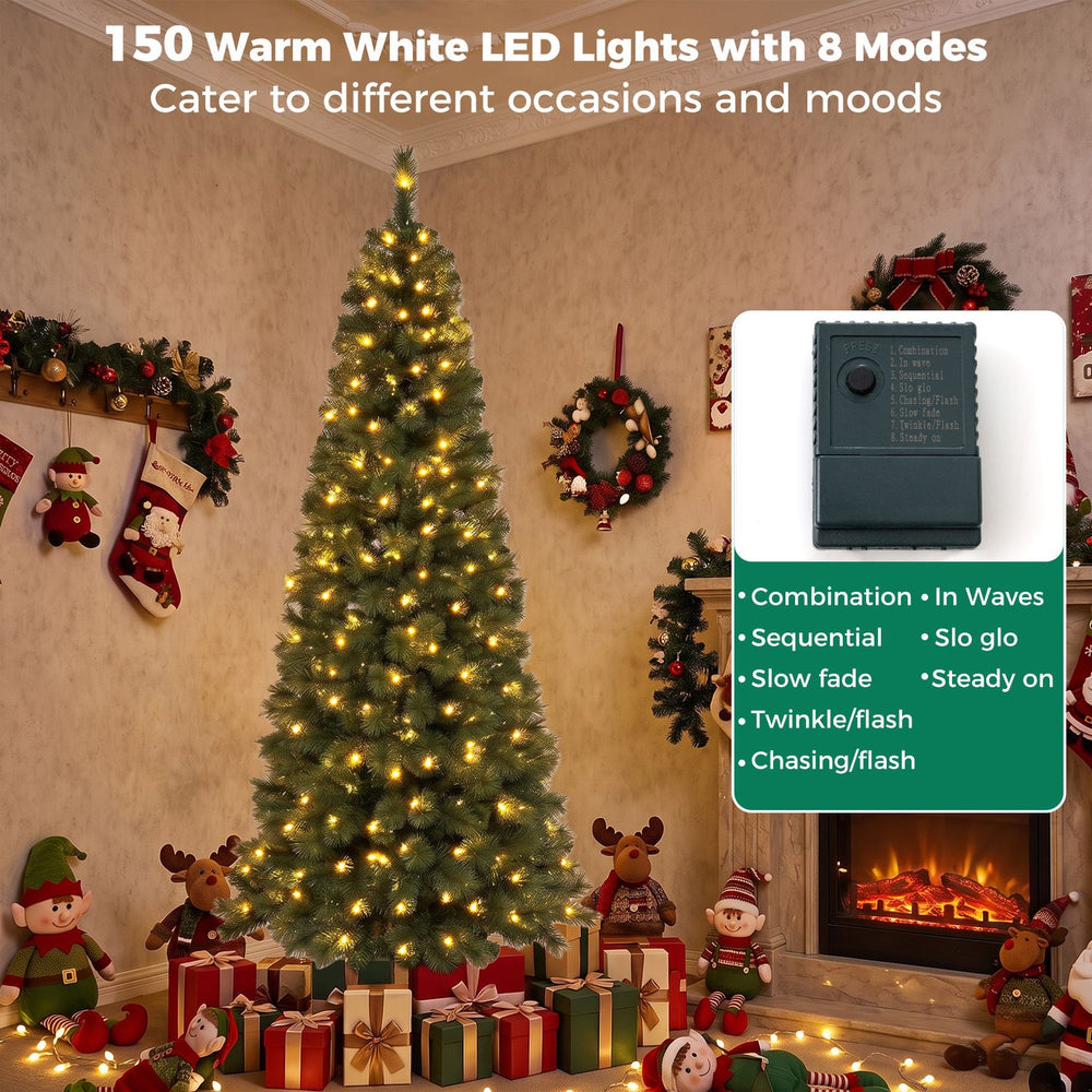 7FT pre-lit half artificial Christmas tree with 150 warm white LED lights and 8 lighting modes for festive charm.