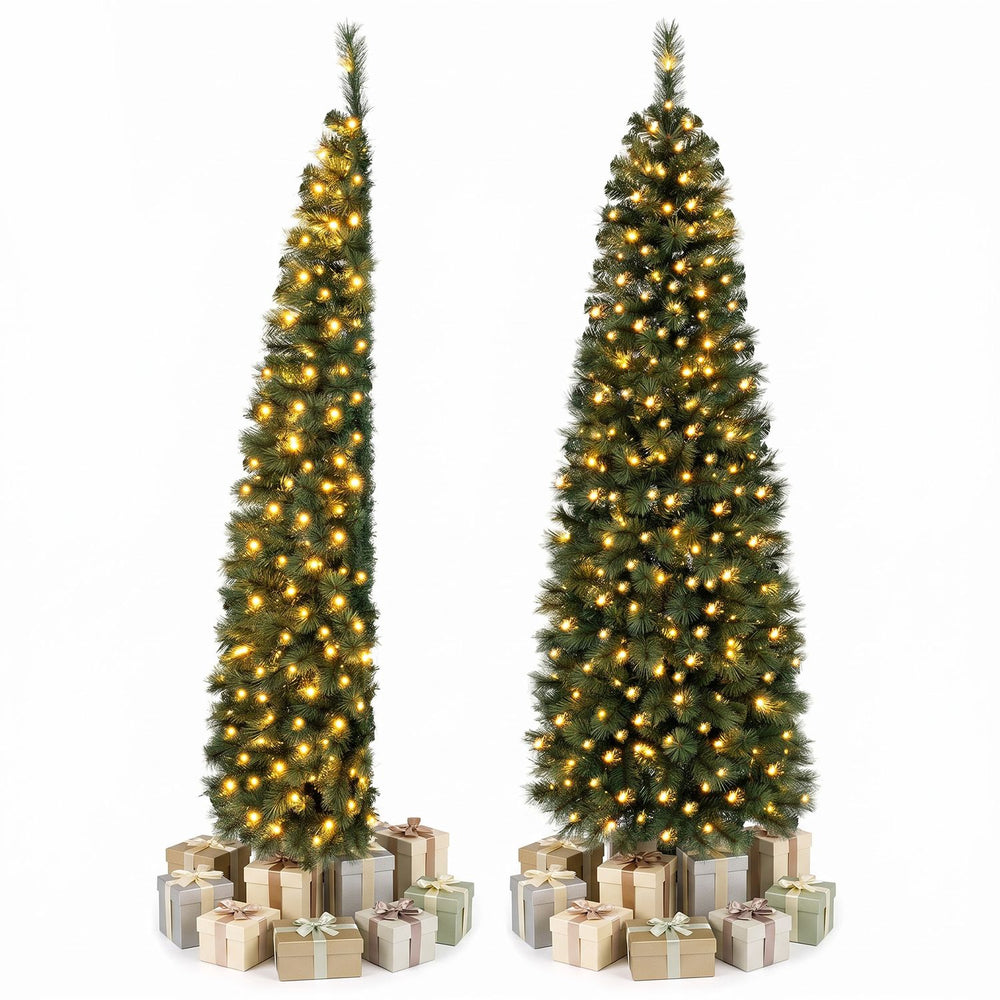 Pre-lit 7FT half artificial Christmas tree with 150 warm white LED lights, ideal for smaller spaces and festive charm.