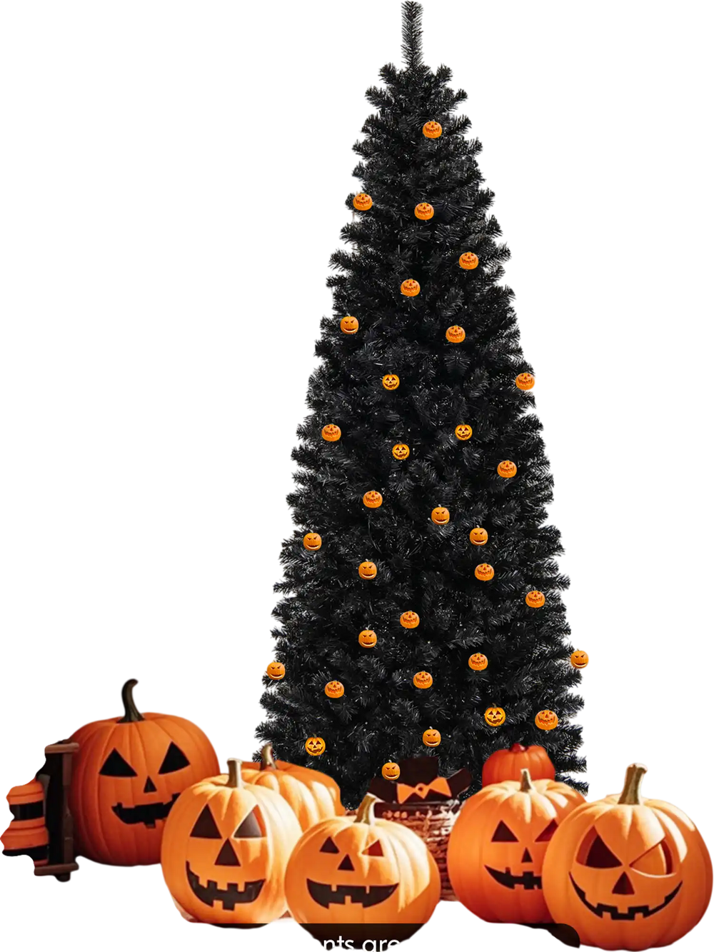 Black pre-lit Halloween Christmas tree with warm white lights, surrounded by pumpkins, perfect for festive decoration.