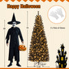 Pre-lit 7ft black artificial tree with warm white lights, perfect for Halloween and Christmas celebrations.