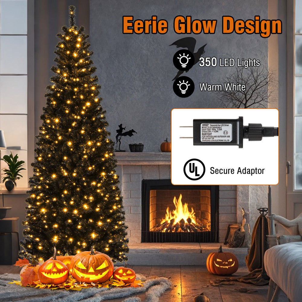 Pre-lit 7ft black Christmas Halloween tree with 350 warm white LED lights, perfect for festive decorations.