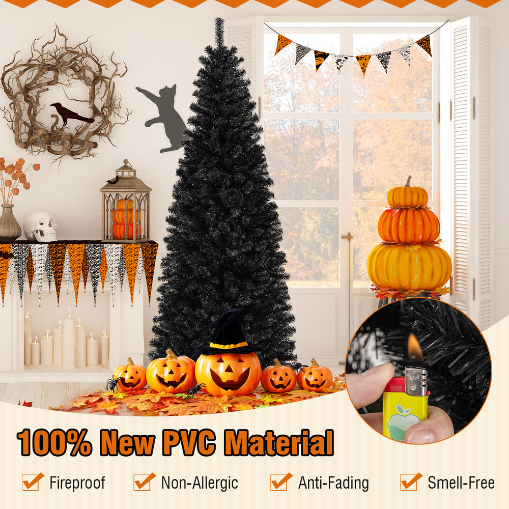 Pre-lit 7ft black artificial Christmas Halloween tree with warm white lights, made from 100% new PVC material.