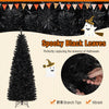 Pre-lit 7ft black artificial tree with PVC branch tips and warm white lights, perfect for Halloween and Christmas.