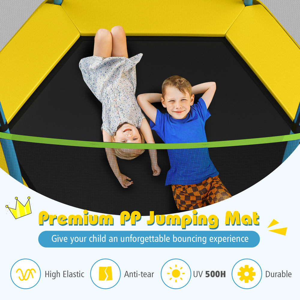 Kids enjoying the 7 feet yellow trampoline with a high-resilience jumping mat for safe indoor and outdoor fun.