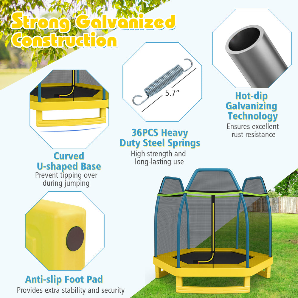 7 feet yellow kids trampoline with galvanized steel frame, safety net, and anti-slip foot pads for indoor and outdoor.