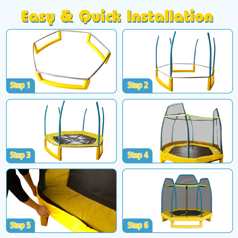 Step-by-step installation guide for the 7 Feet Kids Recreational Bounce Jumper Trampoline in yellow.
